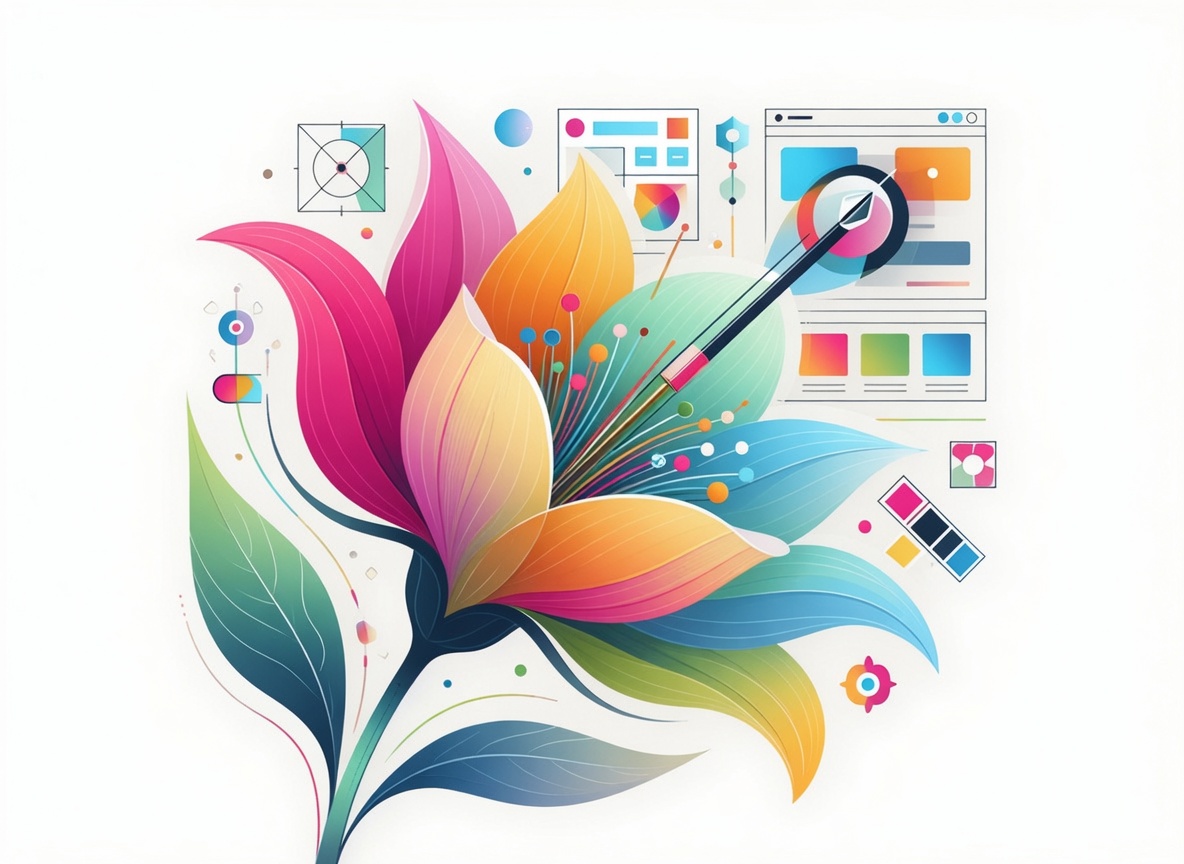 Colorful abstract illustration of a flower blooming into web design elements
